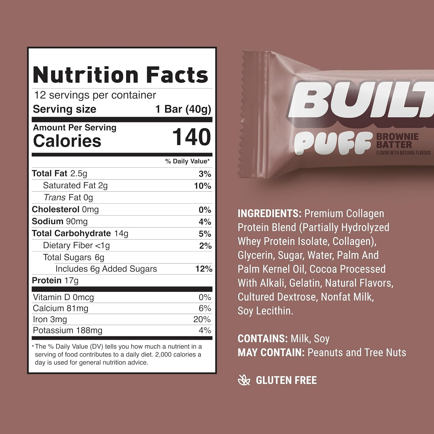 Built Puff Protein Bars – Strawberries ’N Cream, 15g Protein, 12 Pack