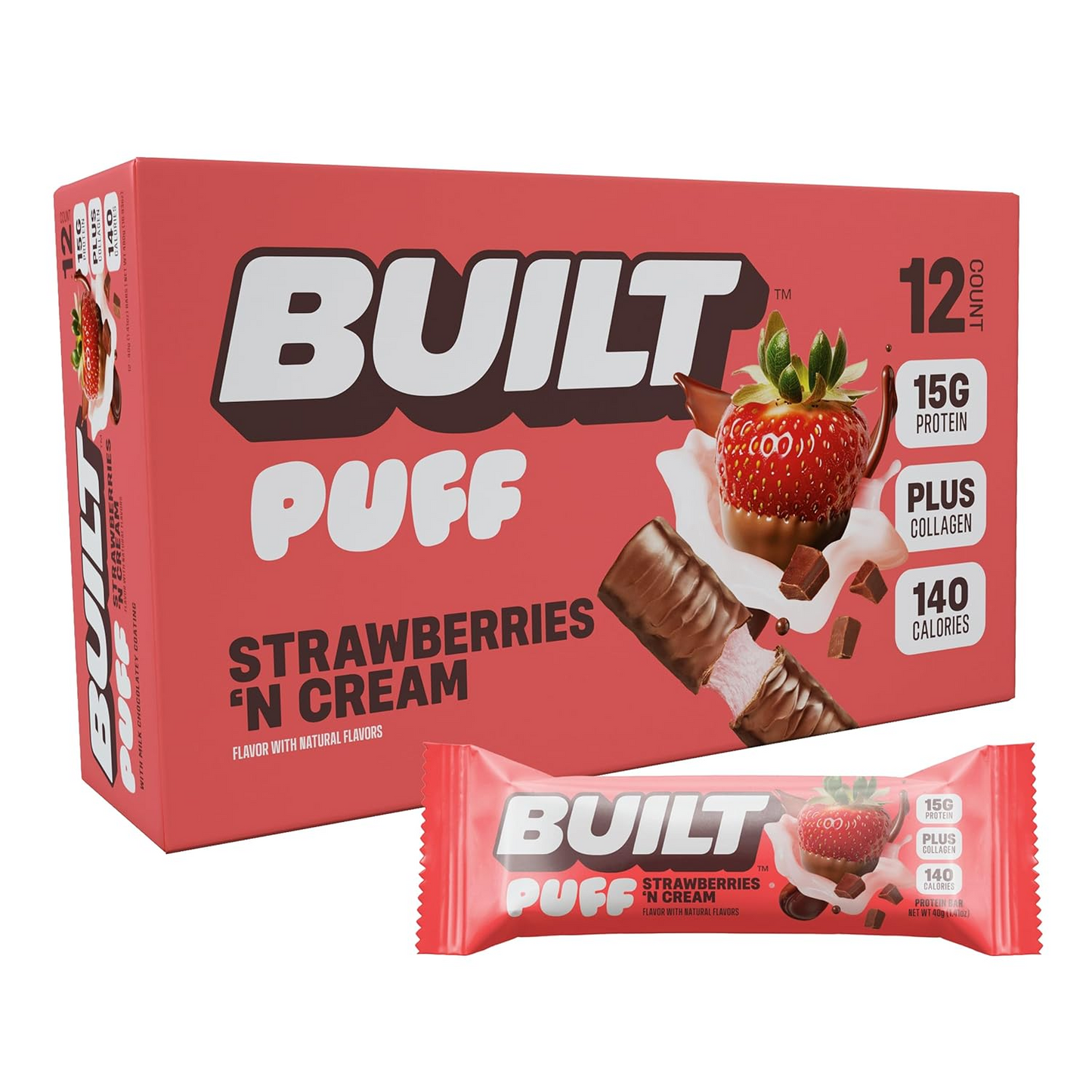 Built Puff Protein Bars – Strawberries ’N Cream, 15g Protein, 12 Pack