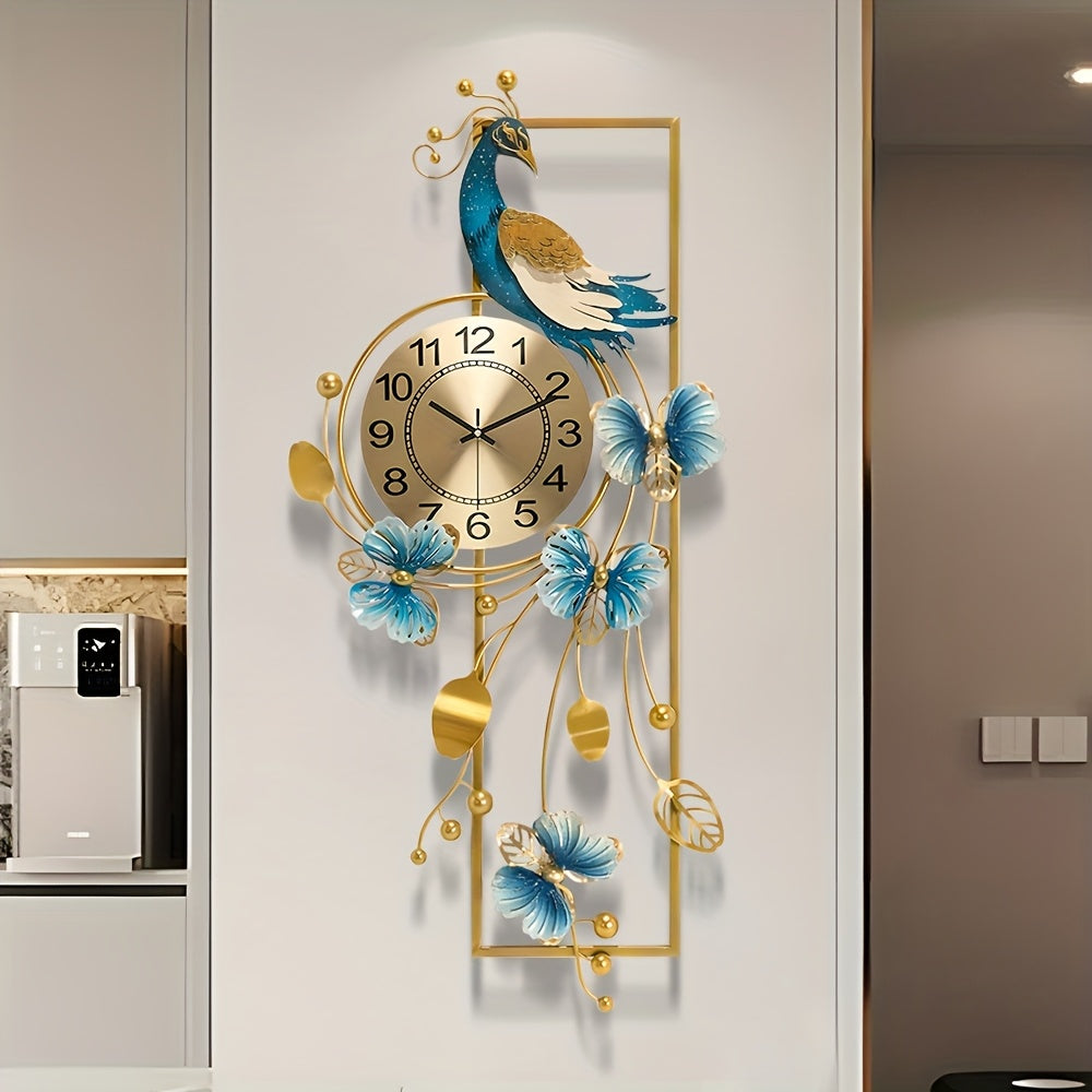 34.6-Inch Peacock & Butterfly Metal Wall Clock – Decorative Irregular Design