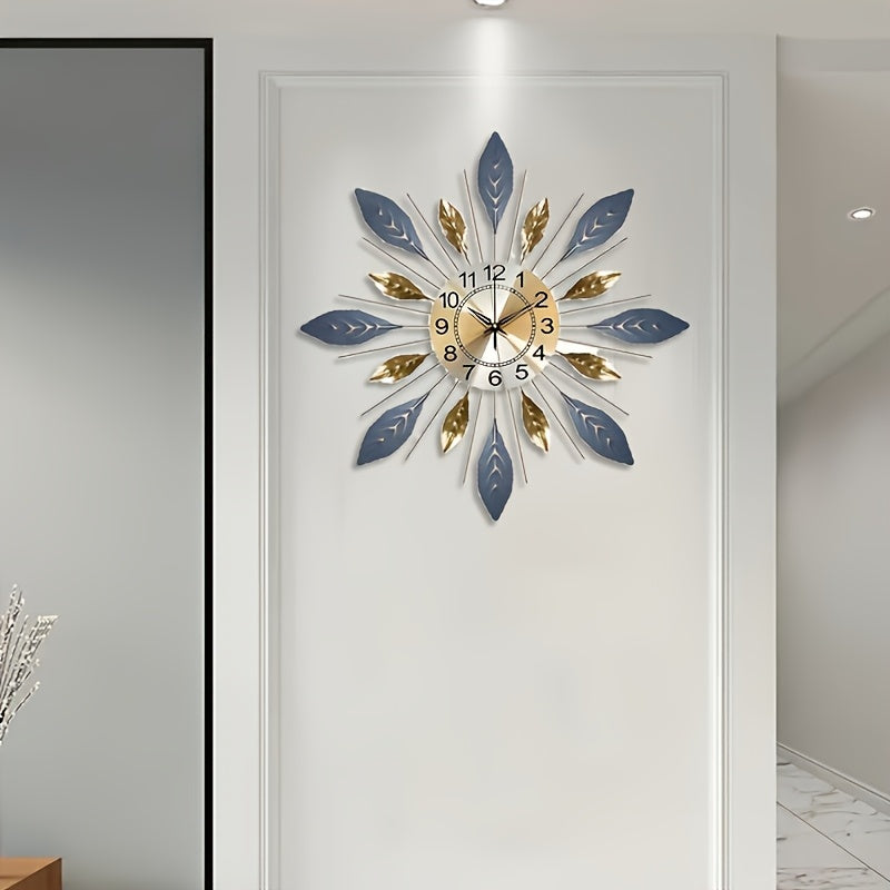 21.6-Inch Golden Blue Leaf Metal Wall Clock – Round Decorative Design