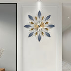 21.6-Inch Golden Blue Leaf Metal Wall Clock – Round Decorative Design