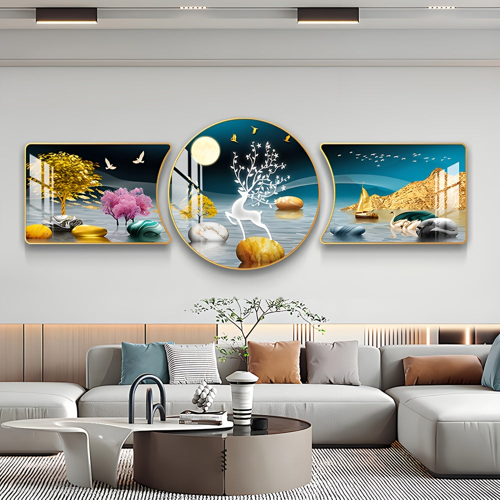 3-Piece Golden Tree and Deer Wall Art Set – Decorative Animal Artwork
