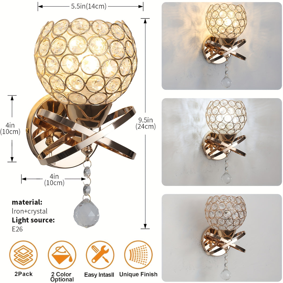 2-Piece Golden Crystal Wall Sconce Set – Modern E26 Decorative Lights