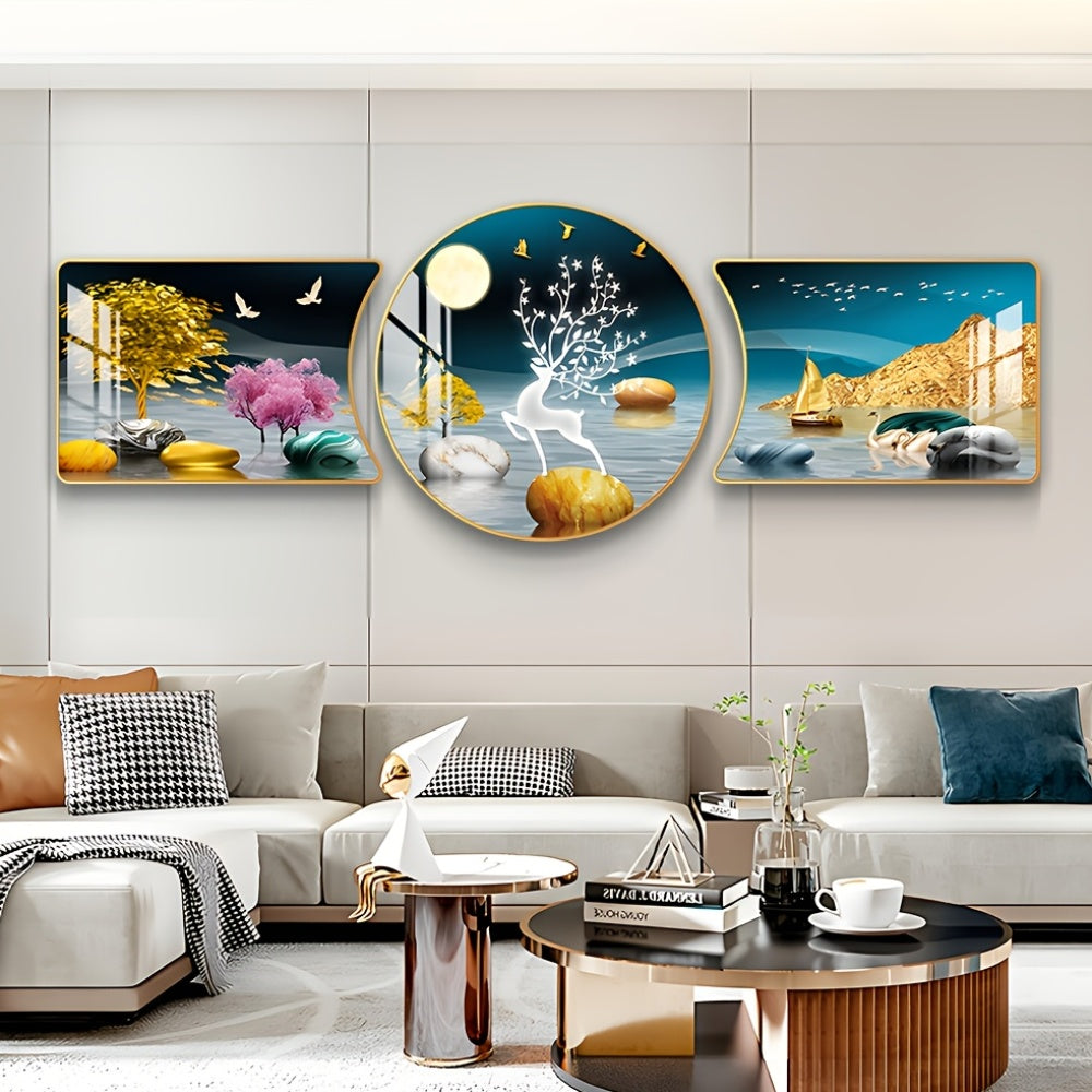 3-Piece Golden Tree and Deer Wall Art Set – Decorative Animal Artwork