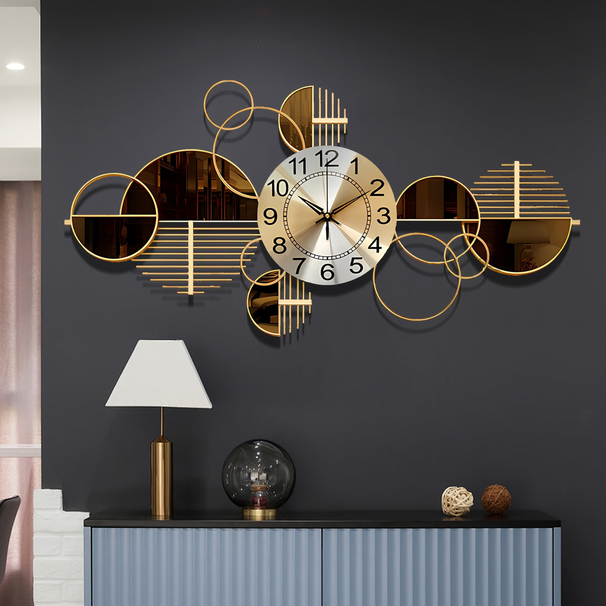 34 × 17 Inch Modern Iron Wall Clock – 3D Decorative Metal Wall Art