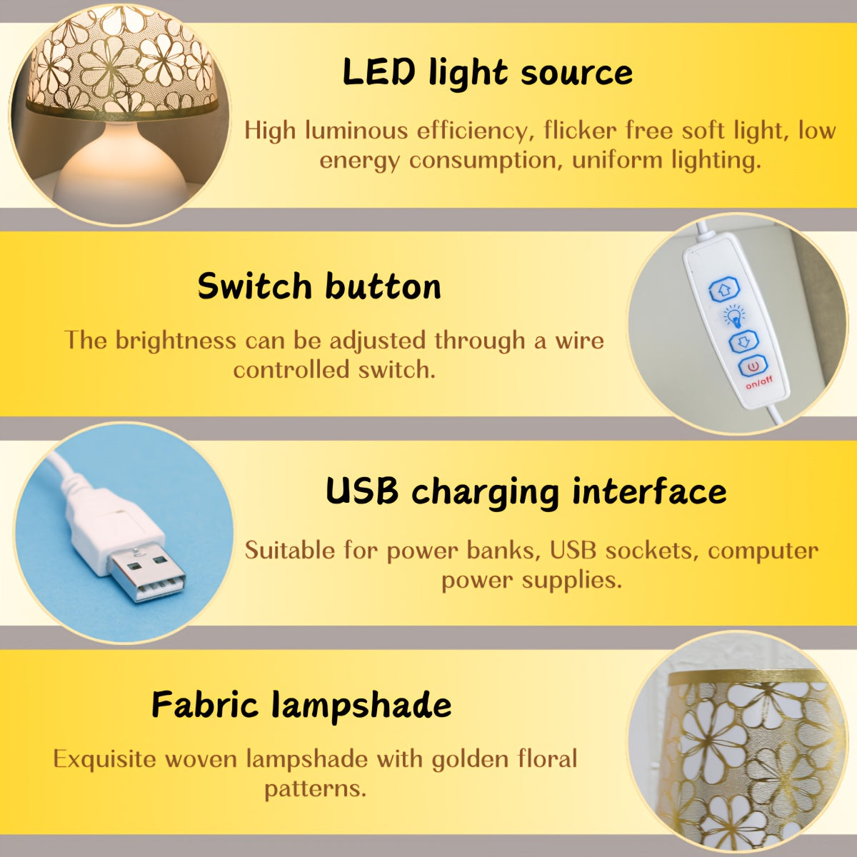 Modern Golden Floral Table Lamp – USB Powered Decorative Desk Light