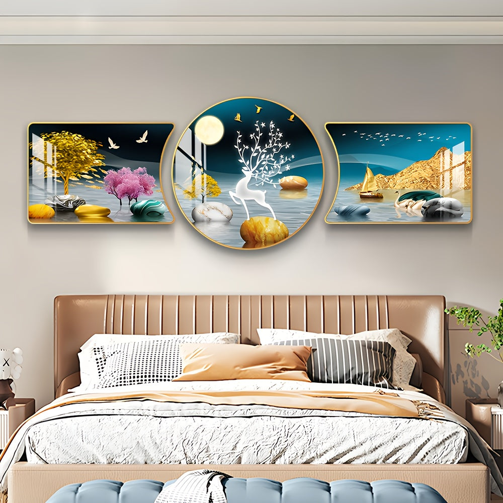 3-Piece Golden Tree and Deer Wall Art Set – Decorative Animal Artwork