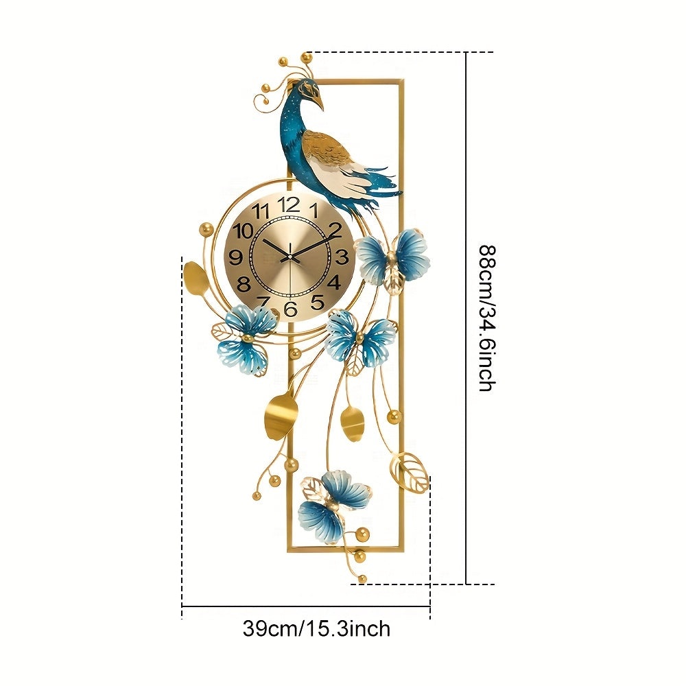 34.6-Inch Peacock & Butterfly Metal Wall Clock – Decorative Irregular Design