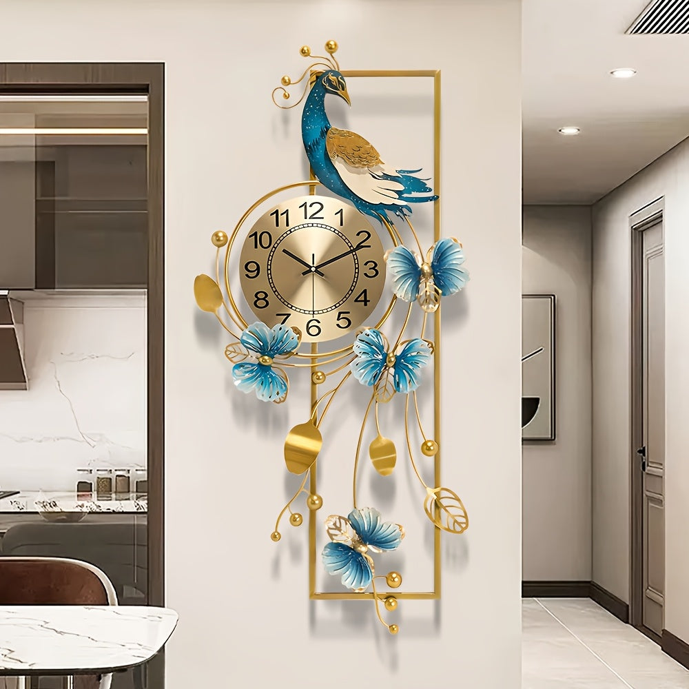 34.6-Inch Peacock & Butterfly Metal Wall Clock – Decorative Irregular Design