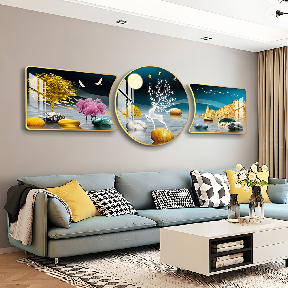 3-Piece Golden Tree and Deer Wall Art Set – Decorative Animal Artwork