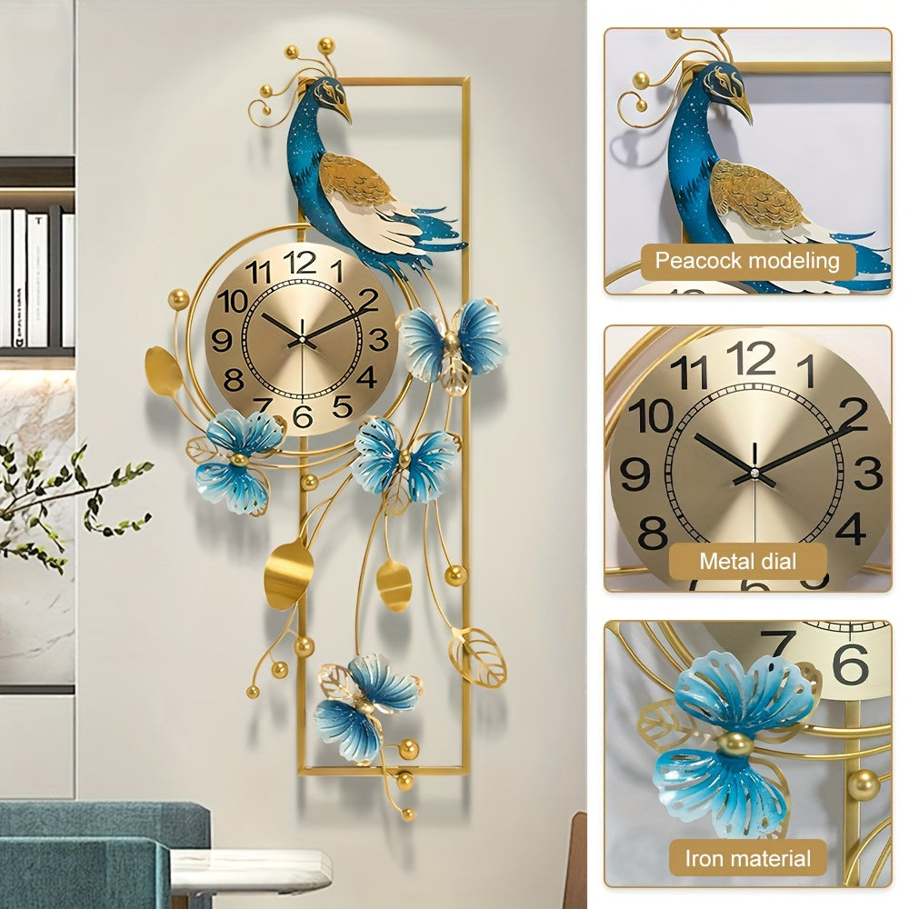 34.6-Inch Peacock & Butterfly Metal Wall Clock – Decorative Irregular Design