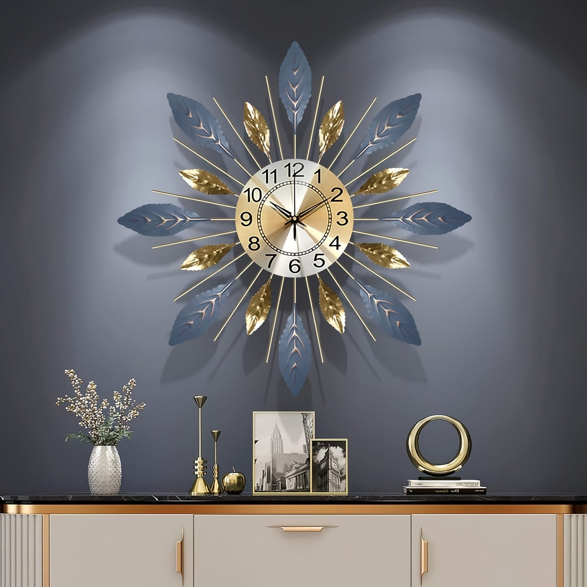21.6-Inch Golden Blue Leaf Metal Wall Clock – Round Decorative Design