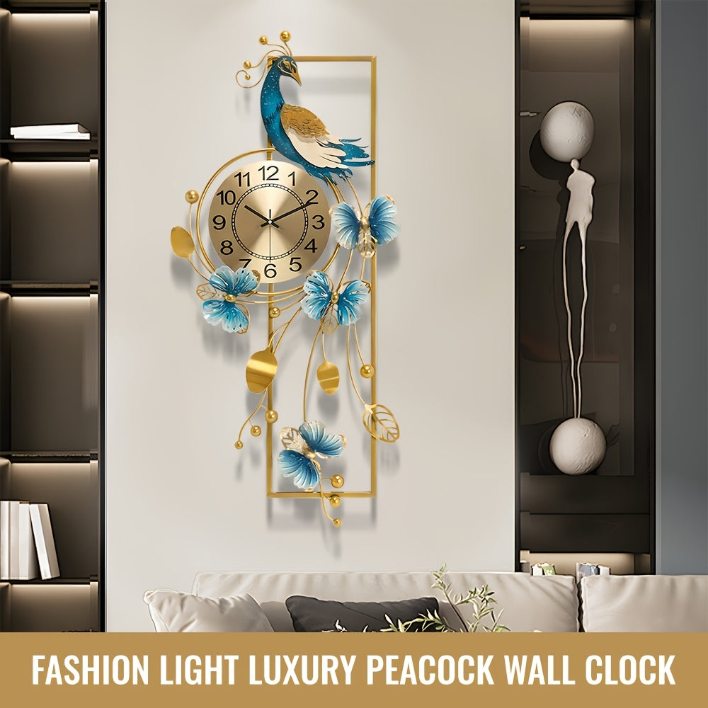 34.6-Inch Peacock & Butterfly Metal Wall Clock – Decorative Irregular Design