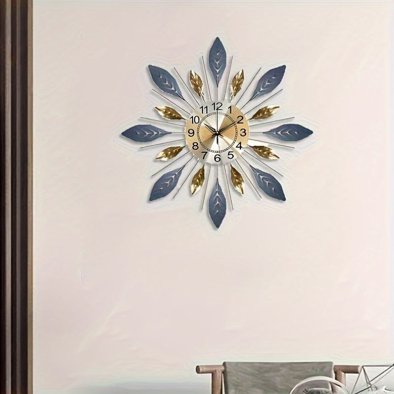21.6-Inch Golden Blue Leaf Metal Wall Clock – Round Decorative Design