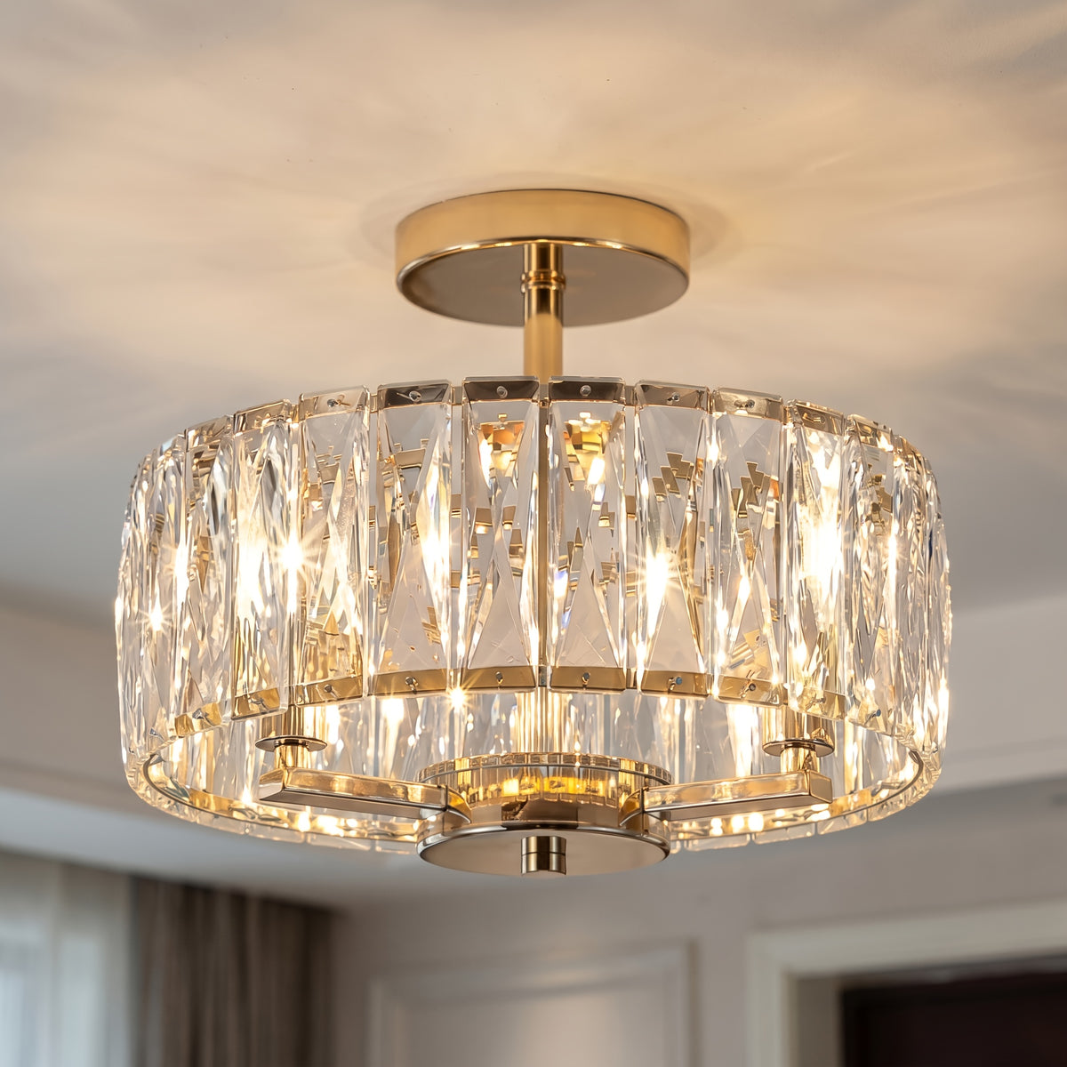 Modern Crystal Pendant Ceiling Light – E14 3-Bulb Semi-Flush Fixture