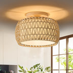 12.6-Inch Rattan Flush Mount Ceiling Light – Rustic Woven Cage Fixture