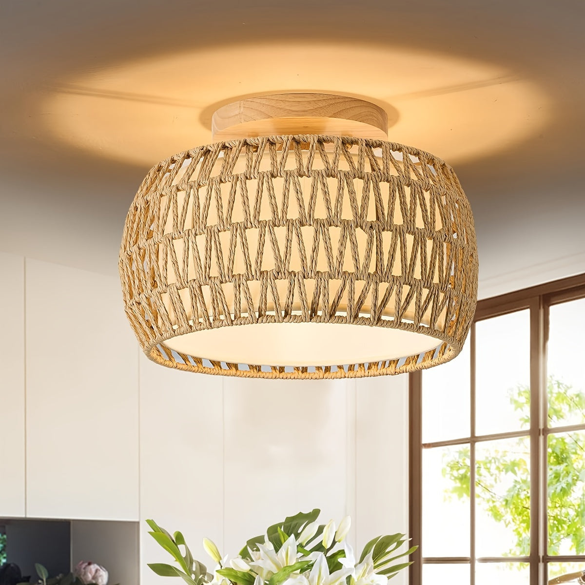 12.6-Inch Rattan Flush Mount Ceiling Light – Rustic Woven Cage Fixture