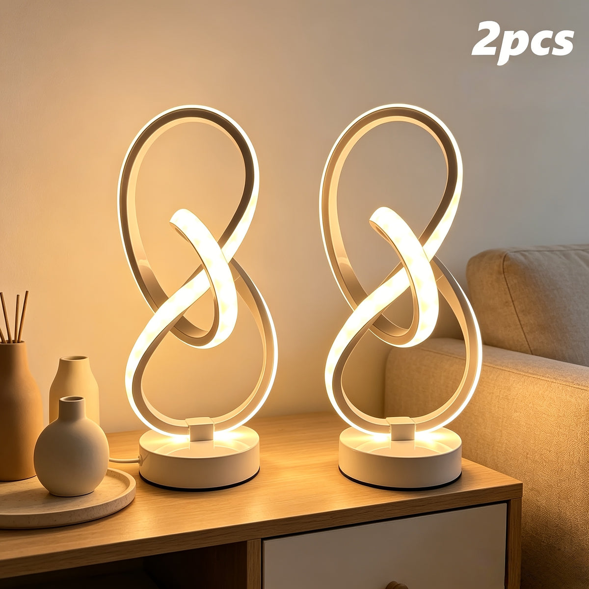 2-Piece Modern Spiral Table Lamp Set – USB Powered Dimmable LED Lights