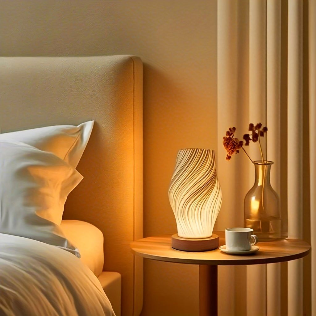 3D Printed Vase Night Light with Wooden Base – Decorative Table Lamp