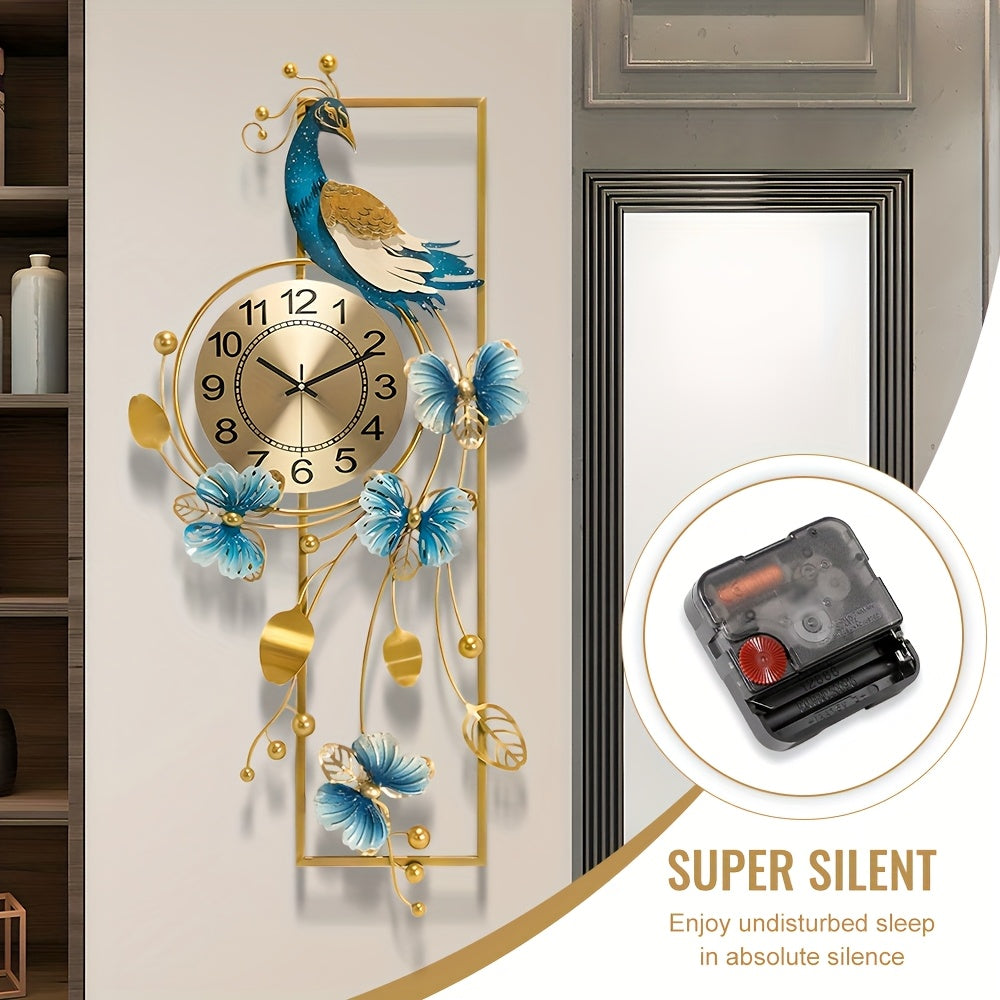 34.6-Inch Peacock & Butterfly Metal Wall Clock – Decorative Irregular Design