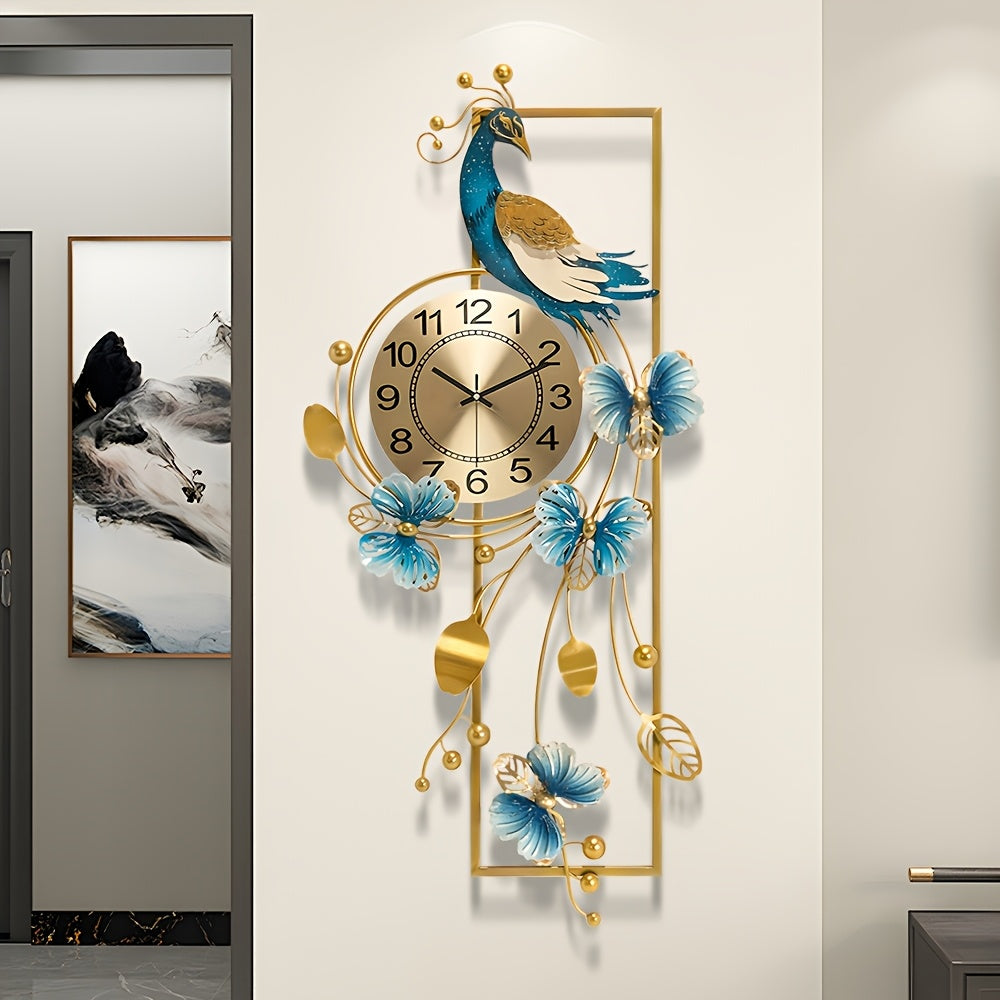 34.6-Inch Peacock & Butterfly Metal Wall Clock – Decorative Irregular Design