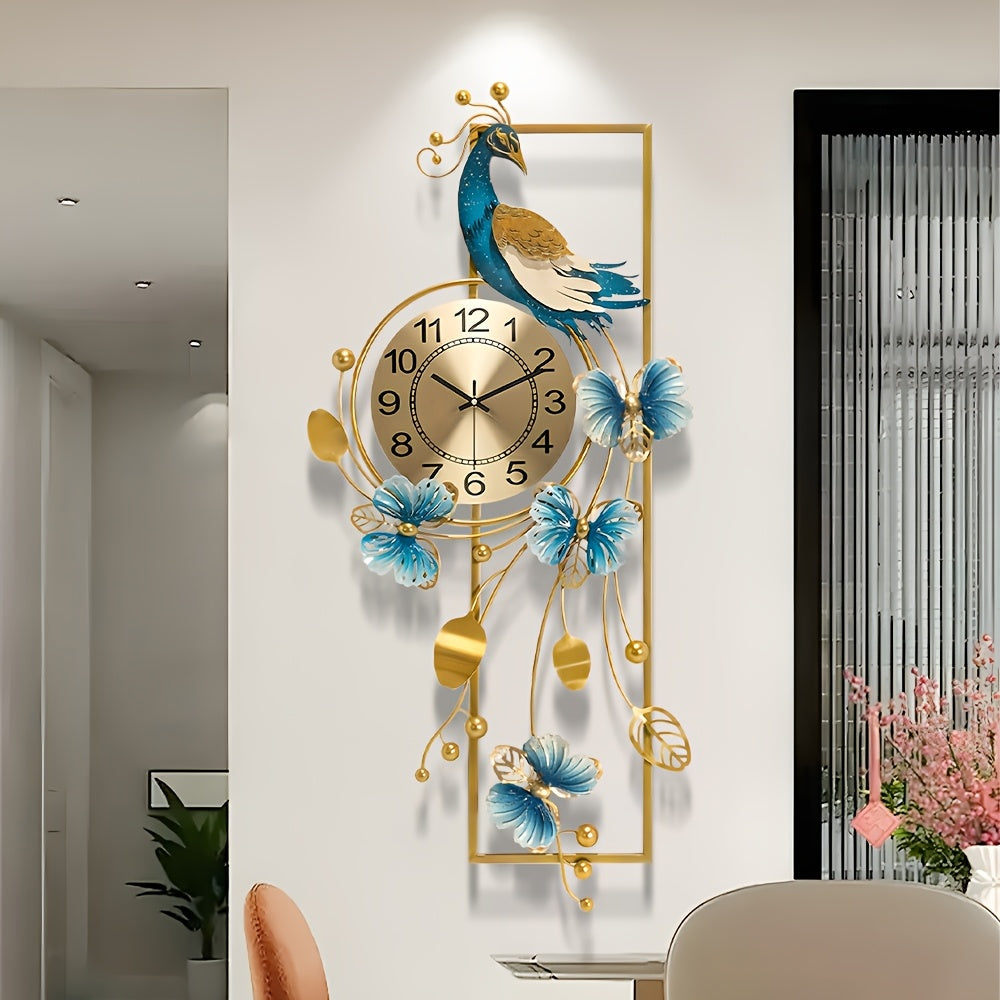 34.6-Inch Peacock & Butterfly Metal Wall Clock – Decorative Irregular Design