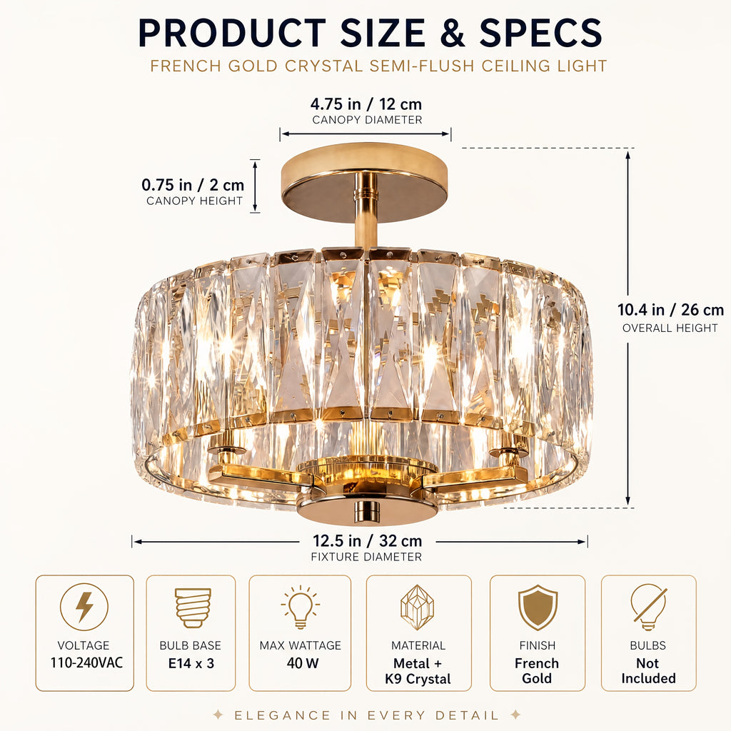 Modern Crystal Pendant Ceiling Light – E14 3-Bulb Semi-Flush Fixture