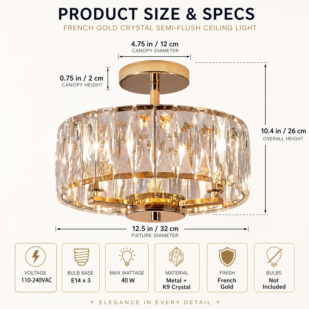 Modern Crystal Pendant Ceiling Light – E14 3-Bulb Semi-Flush Fixture