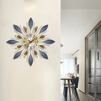 21.6-Inch Golden Blue Leaf Metal Wall Clock – Round Decorative Design