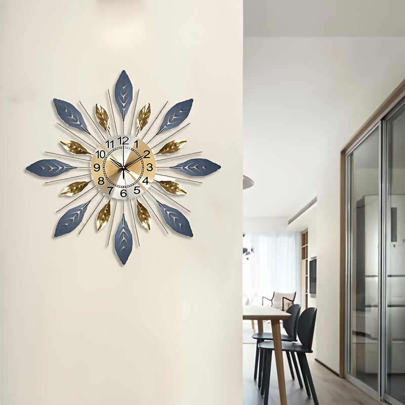 21.6-Inch Golden Blue Leaf Metal Wall Clock – Round Decorative Design