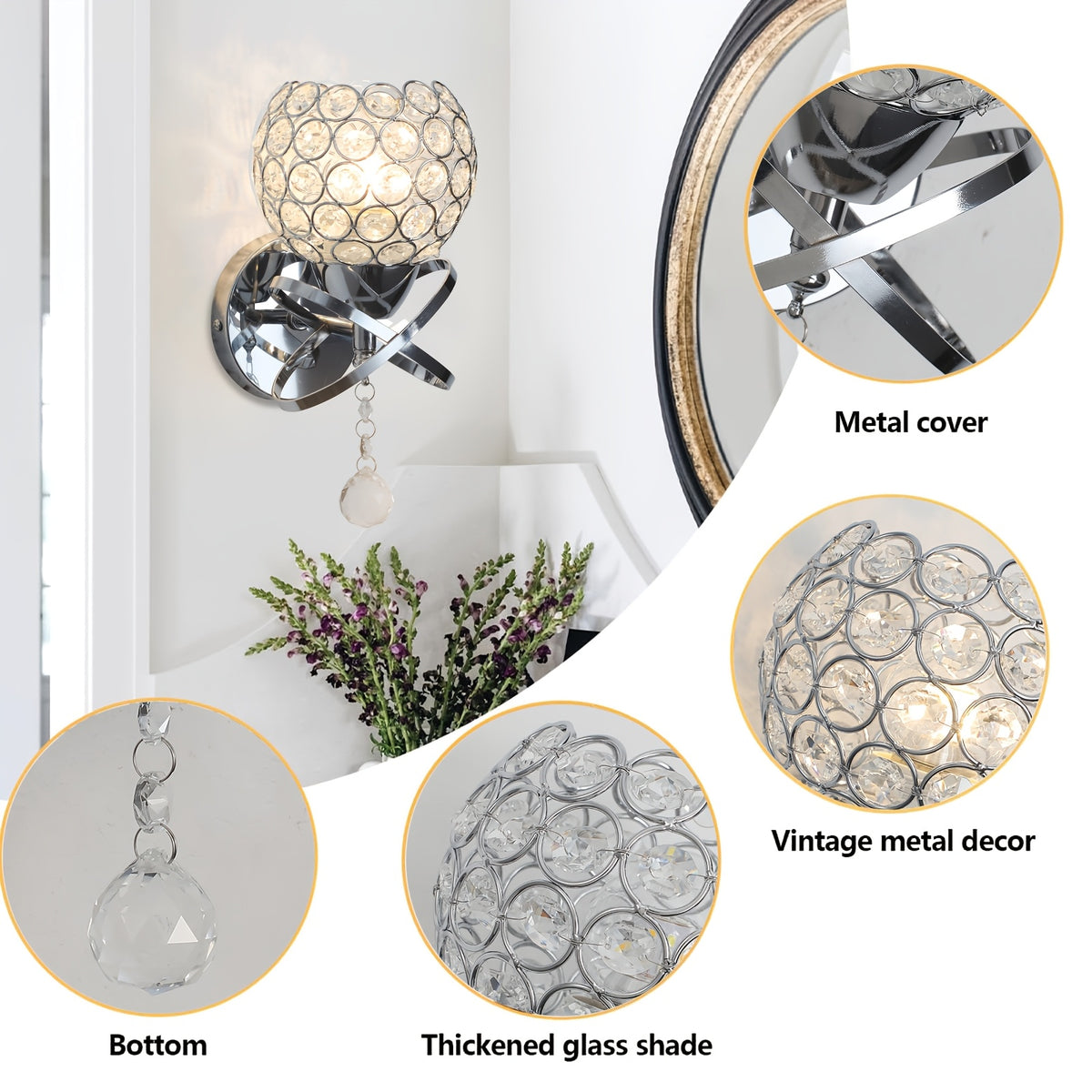 2-Piece Golden Crystal Wall Sconce Set – Modern E26 Decorative Lights