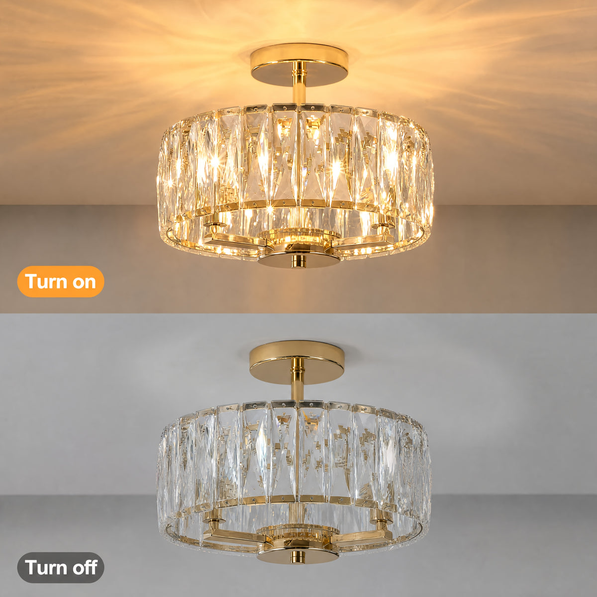 Modern Crystal Pendant Ceiling Light – E14 3-Bulb Semi-Flush Fixture