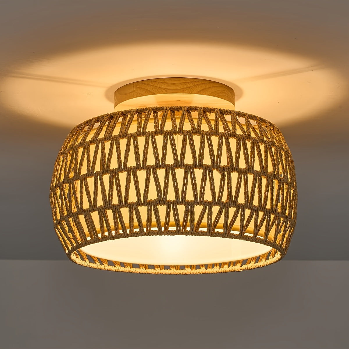 12.6-Inch Rattan Flush Mount Ceiling Light – Rustic Woven Cage Fixture