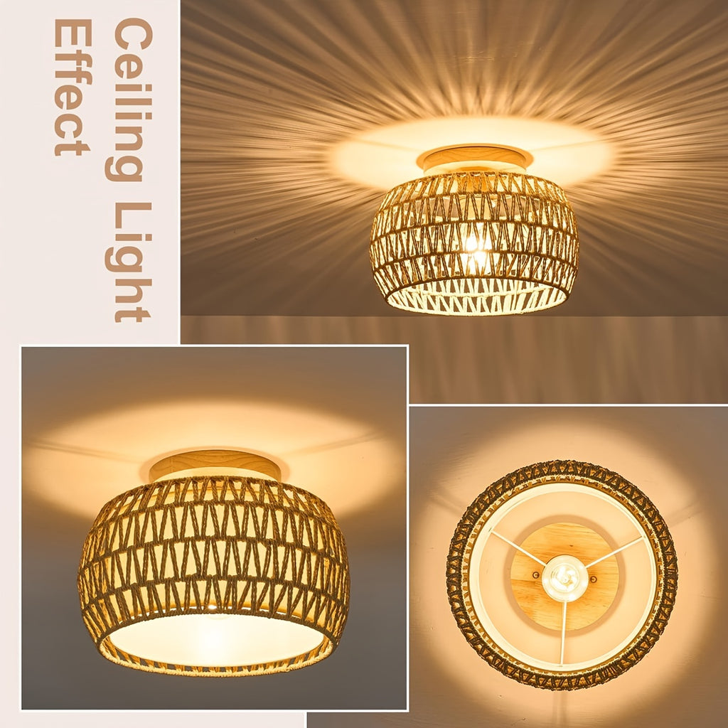 12.6-Inch Rattan Flush Mount Ceiling Light – Rustic Woven Cage Fixture
