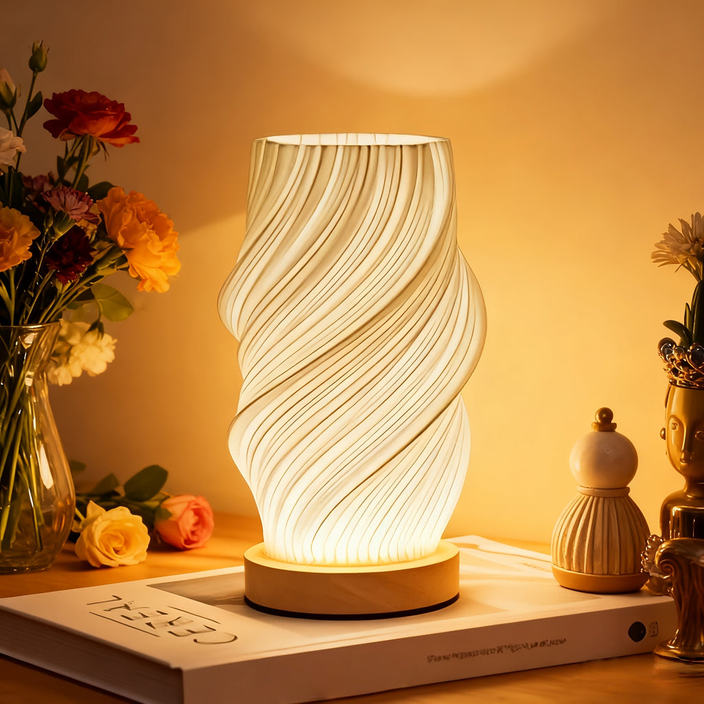 3D Printed Vase Night Light with Wooden Base – Decorative Table Lamp
