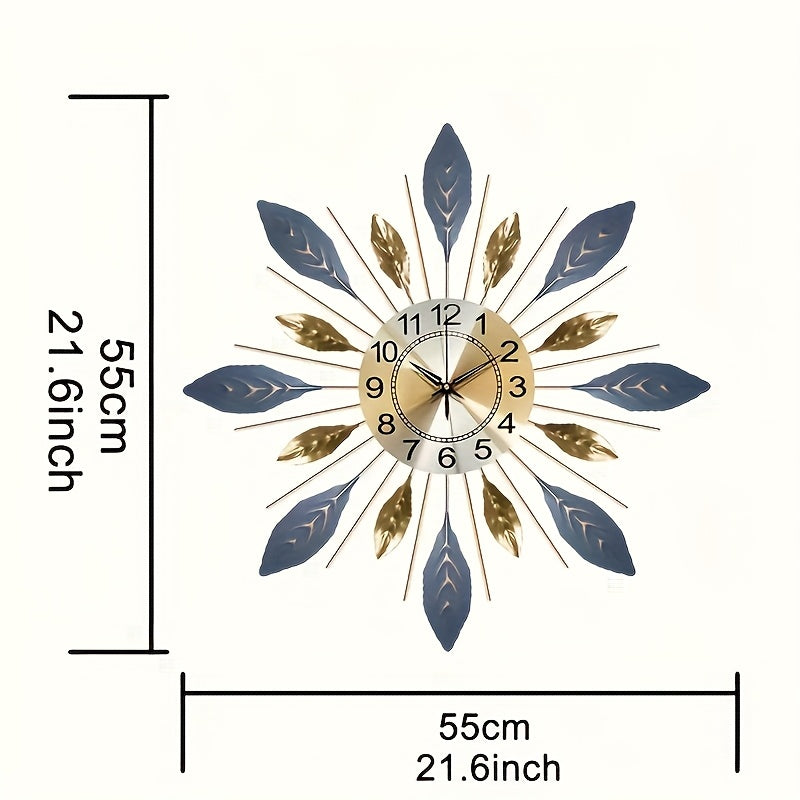 21.6-Inch Golden Blue Leaf Metal Wall Clock – Round Decorative Design
