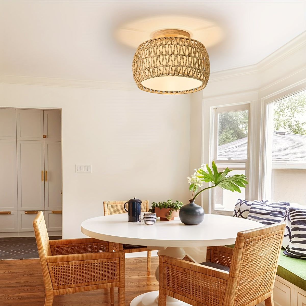 12.6-Inch Rattan Flush Mount Ceiling Light – Rustic Woven Cage Fixture