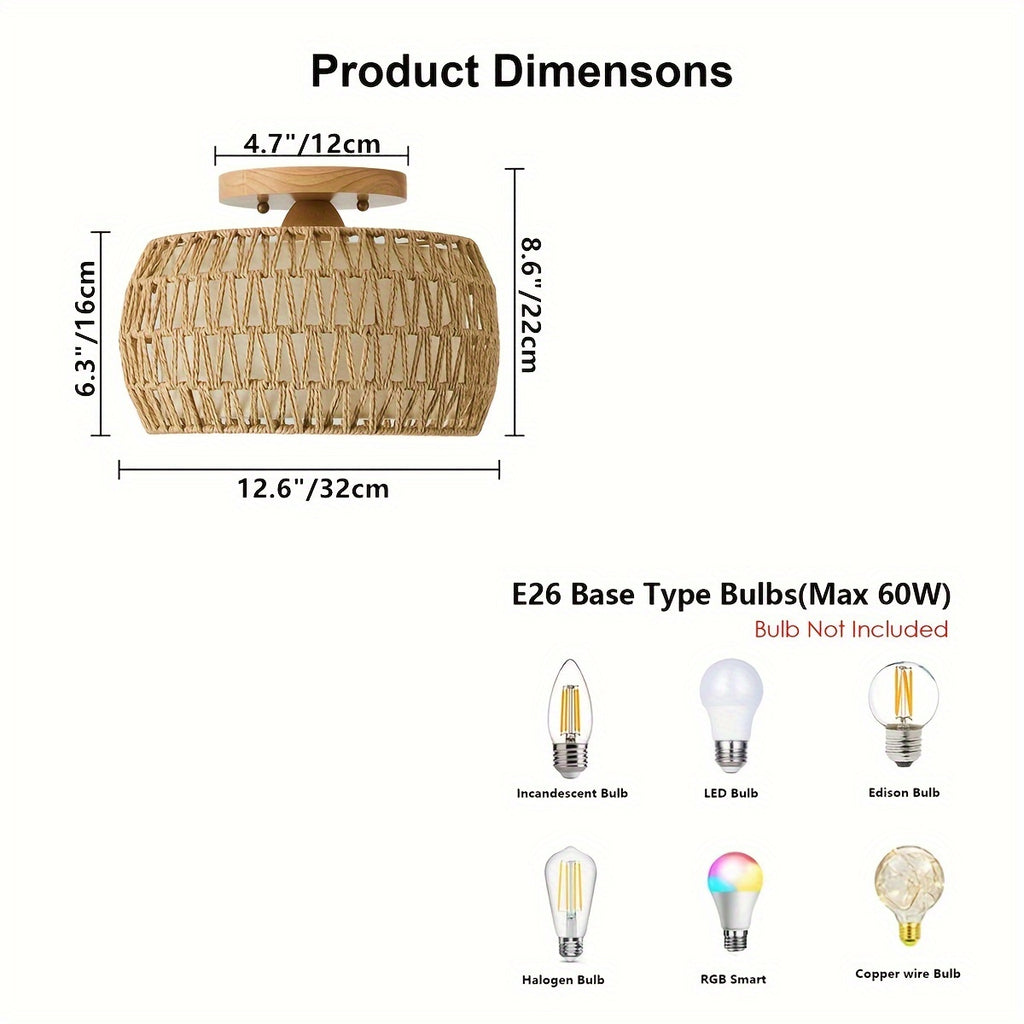 12.6-Inch Rattan Flush Mount Ceiling Light – Rustic Woven Cage Fixture