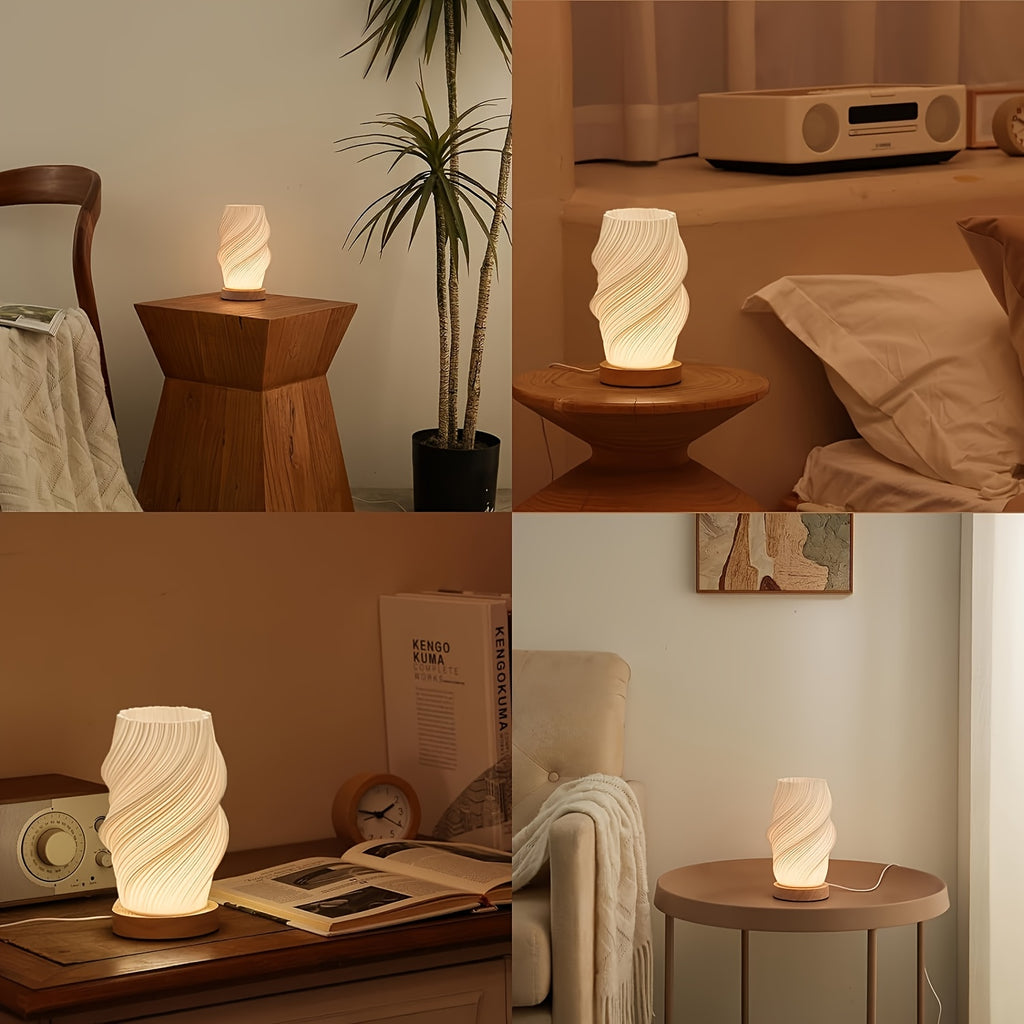 3D Printed Vase Night Light with Wooden Base – Decorative Table Lamp