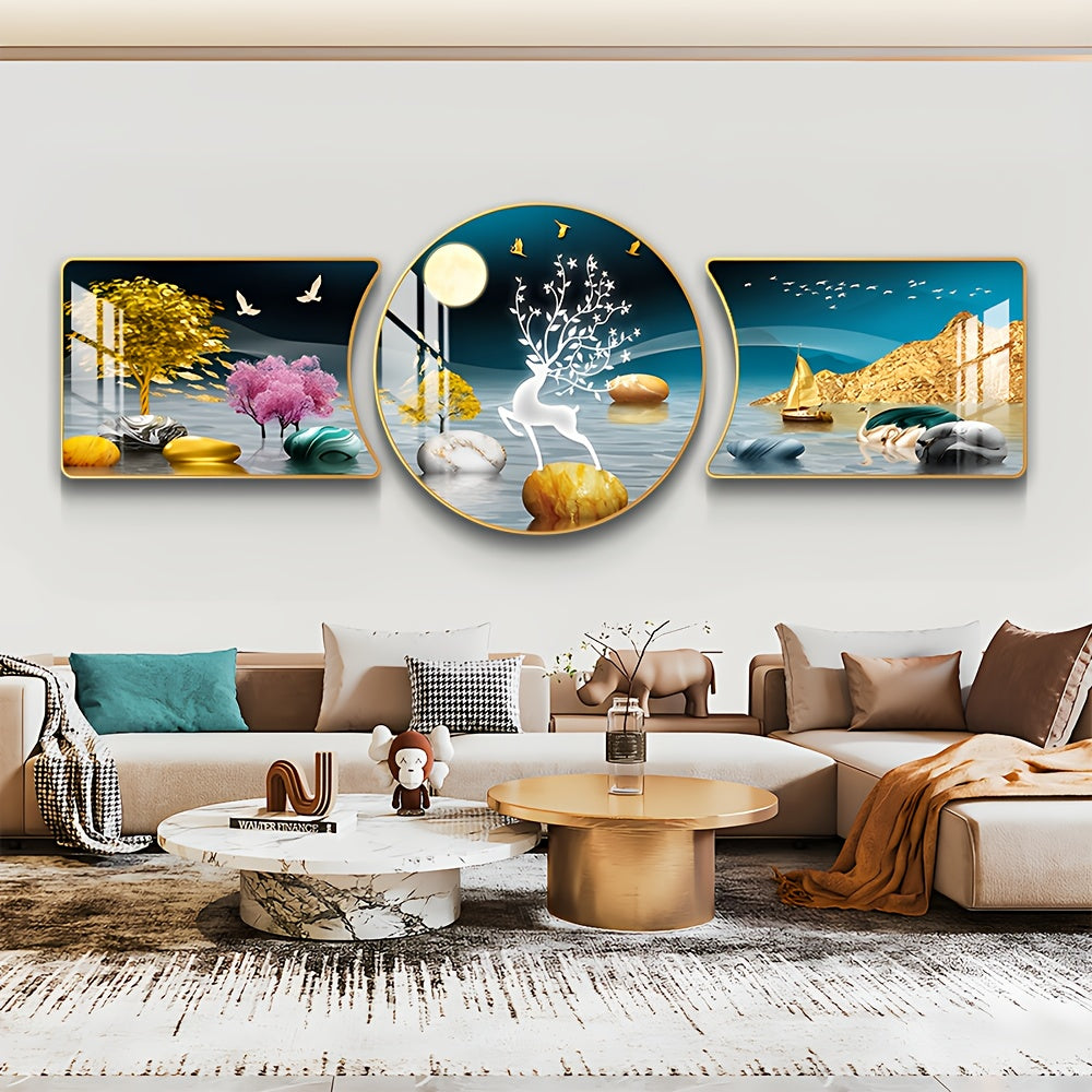 3-Piece Golden Tree and Deer Wall Art Set – Decorative Animal Artwork