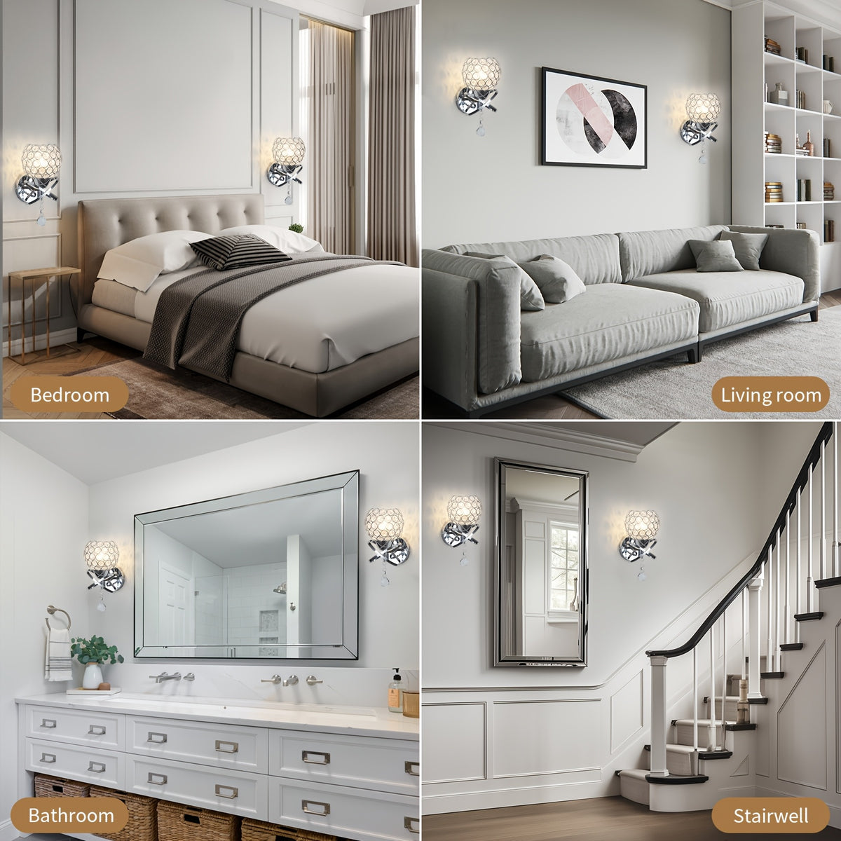 2-Piece Golden Crystal Wall Sconce Set – Modern E26 Decorative Lights