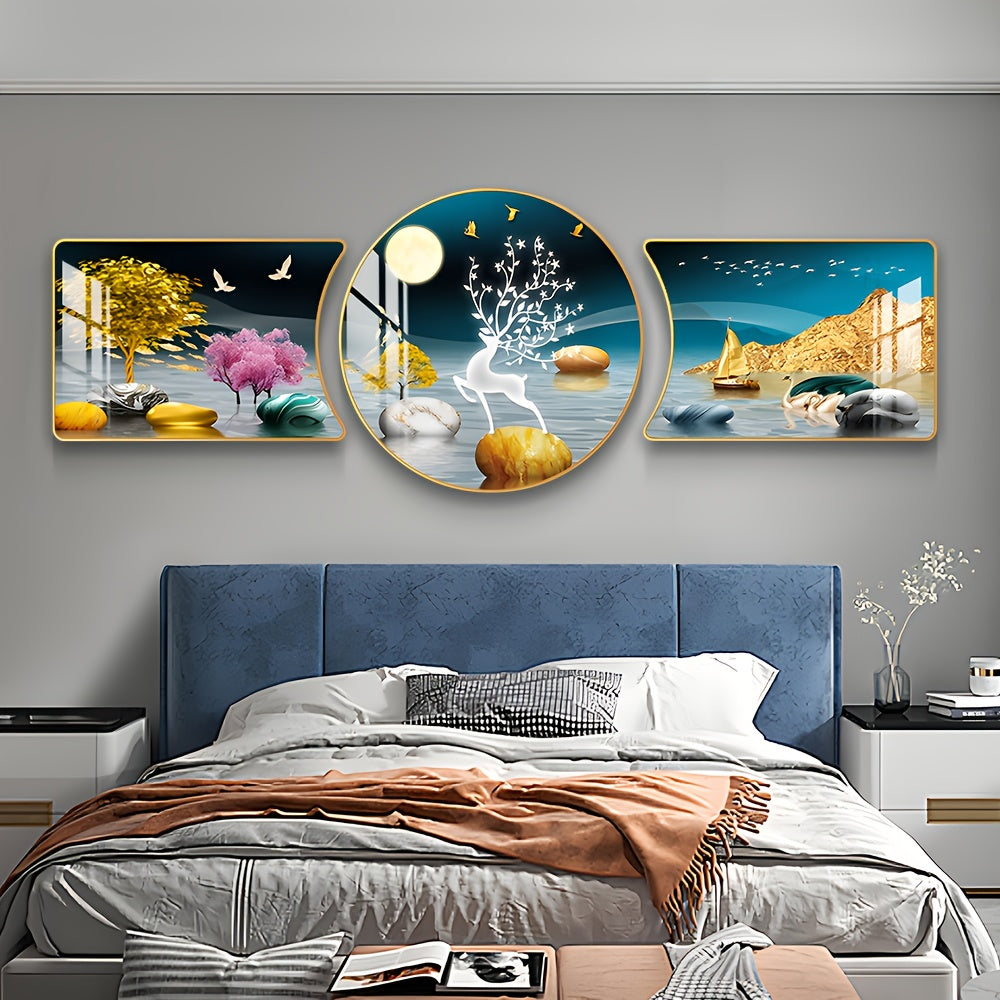 3-Piece Golden Tree and Deer Wall Art Set – Decorative Animal Artwork