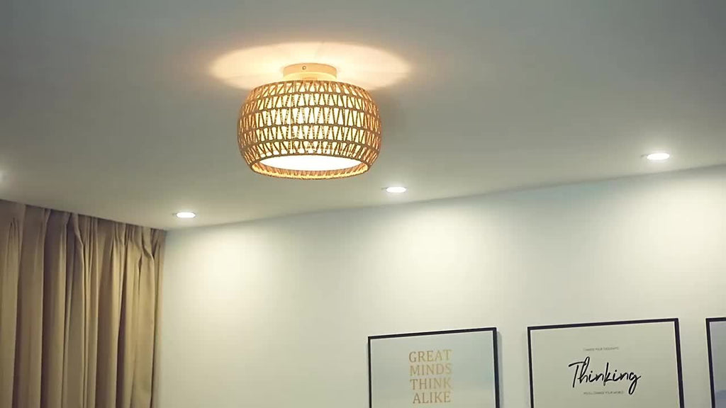 12.6-Inch Rattan Flush Mount Ceiling Light – Rustic Woven Cage Fixture