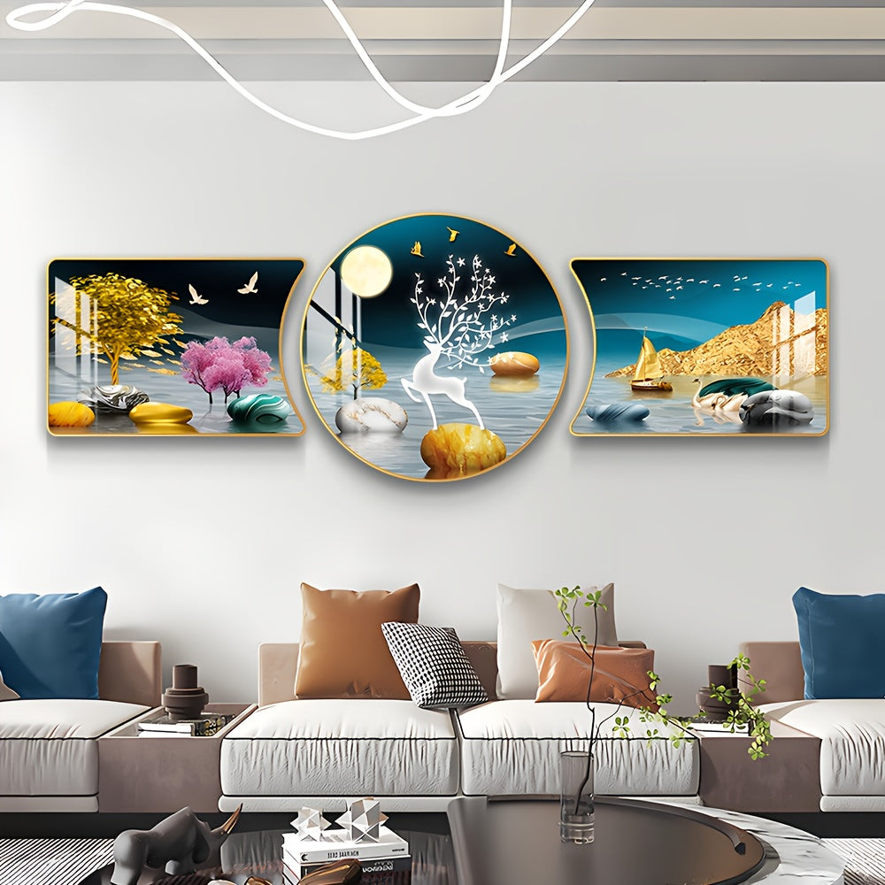 3-Piece Golden Tree and Deer Wall Art Set – Decorative Animal Artwork