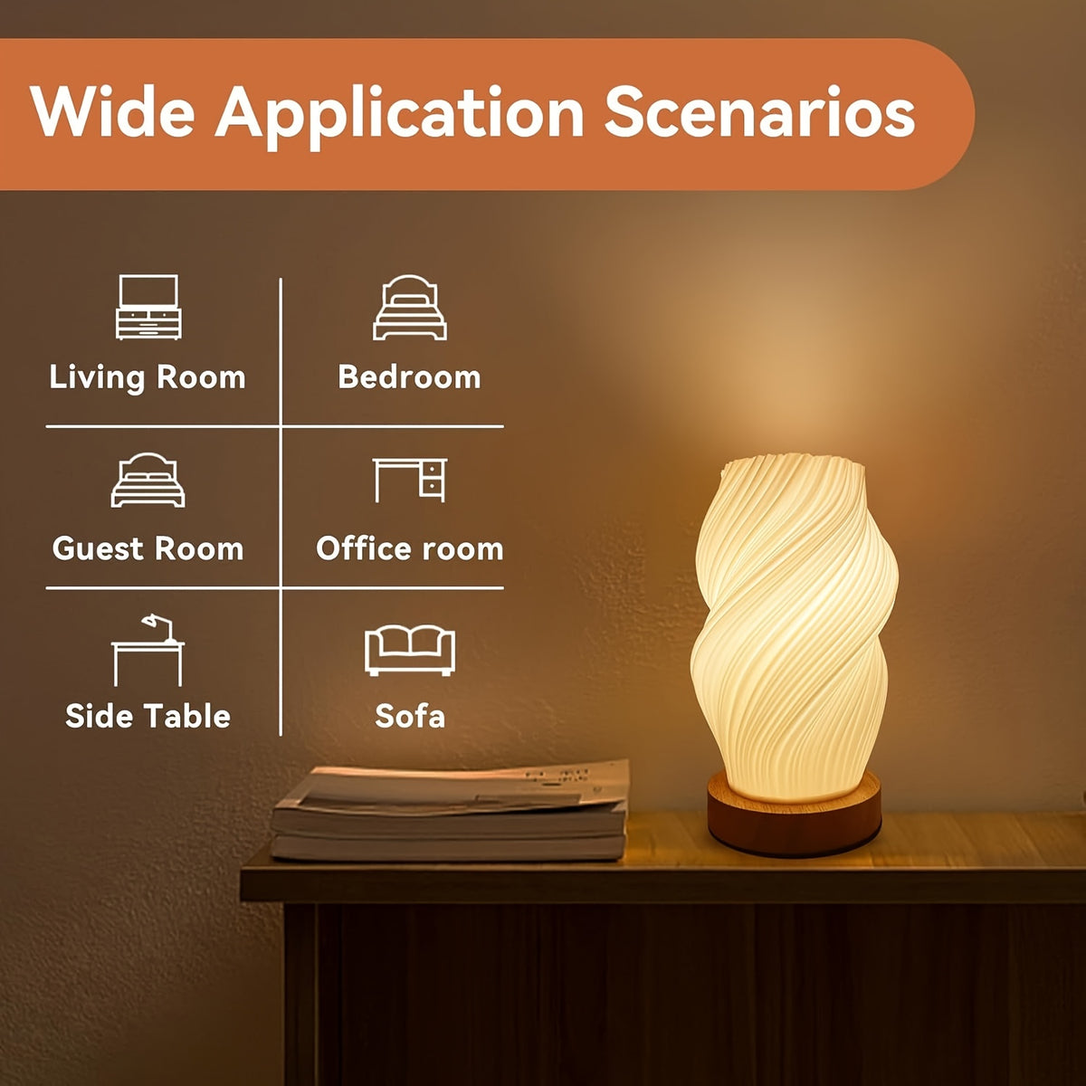 3D Printed Vase Night Light with Wooden Base – Decorative Table Lamp