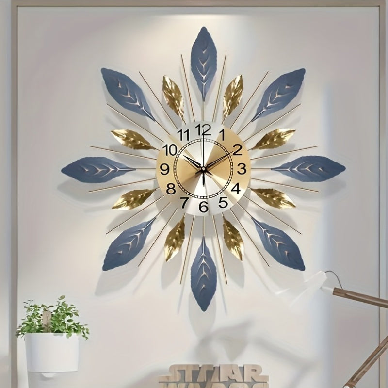 21.6-Inch Golden Blue Leaf Metal Wall Clock – Round Decorative Design