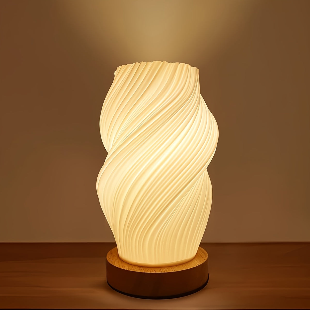 3D Printed Vase Night Light with Wooden Base – Decorative Table Lamp